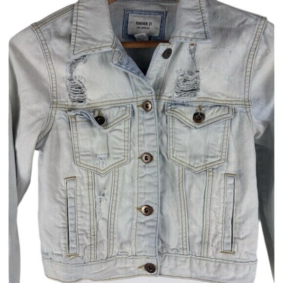 Forever 21 Small Women's Light Blue Wash Denim Distressed Jean Jacket Cropped - Picture 2 of 11